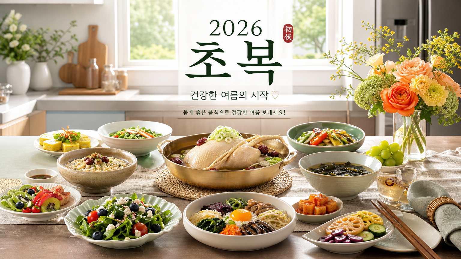 현대 한국 주방에서 다양한 건강식을 준비한 모습