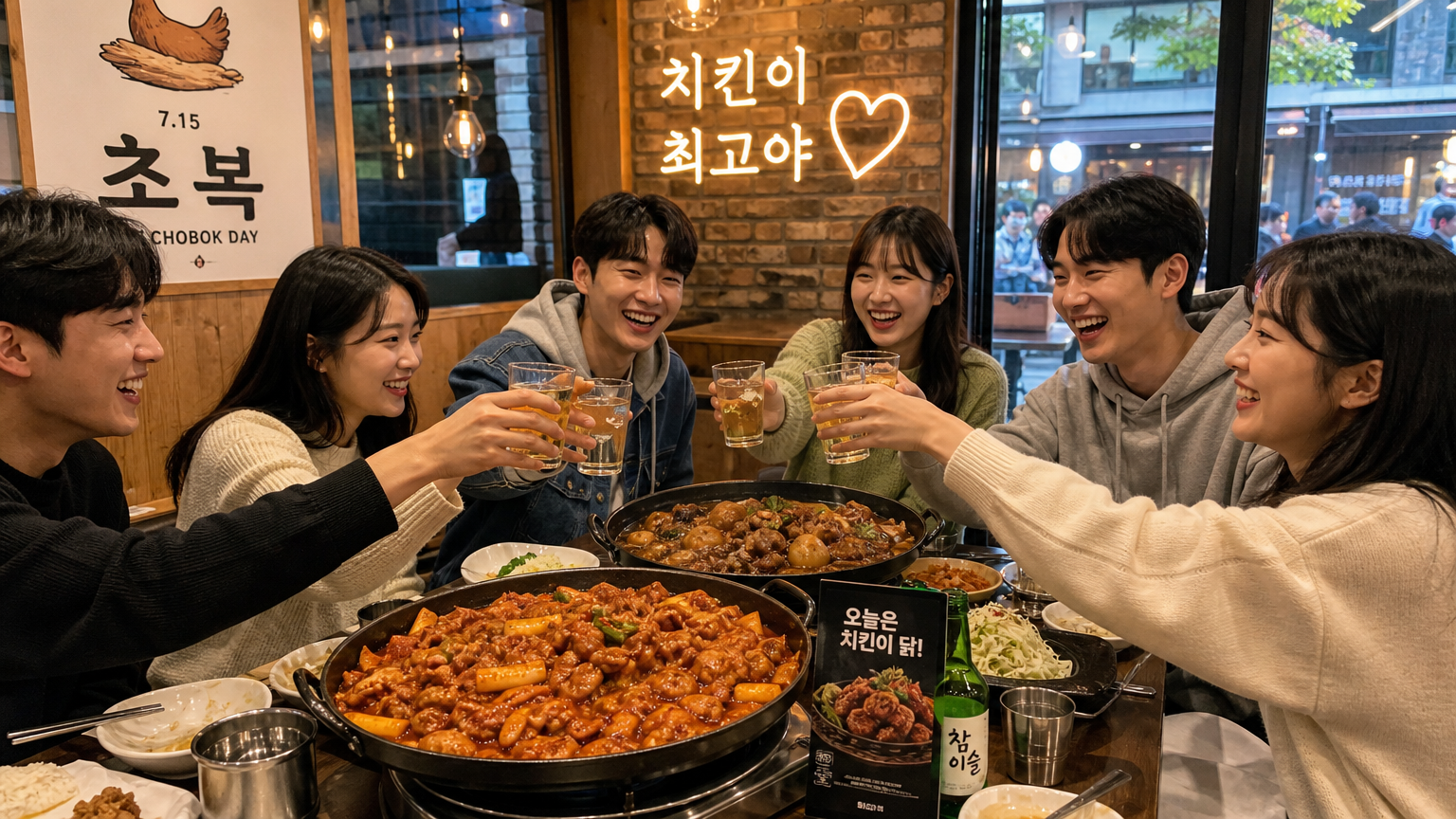 서울 레스토랑에서 젊은이들이 다양한 닭 요리를 즐기는 모습