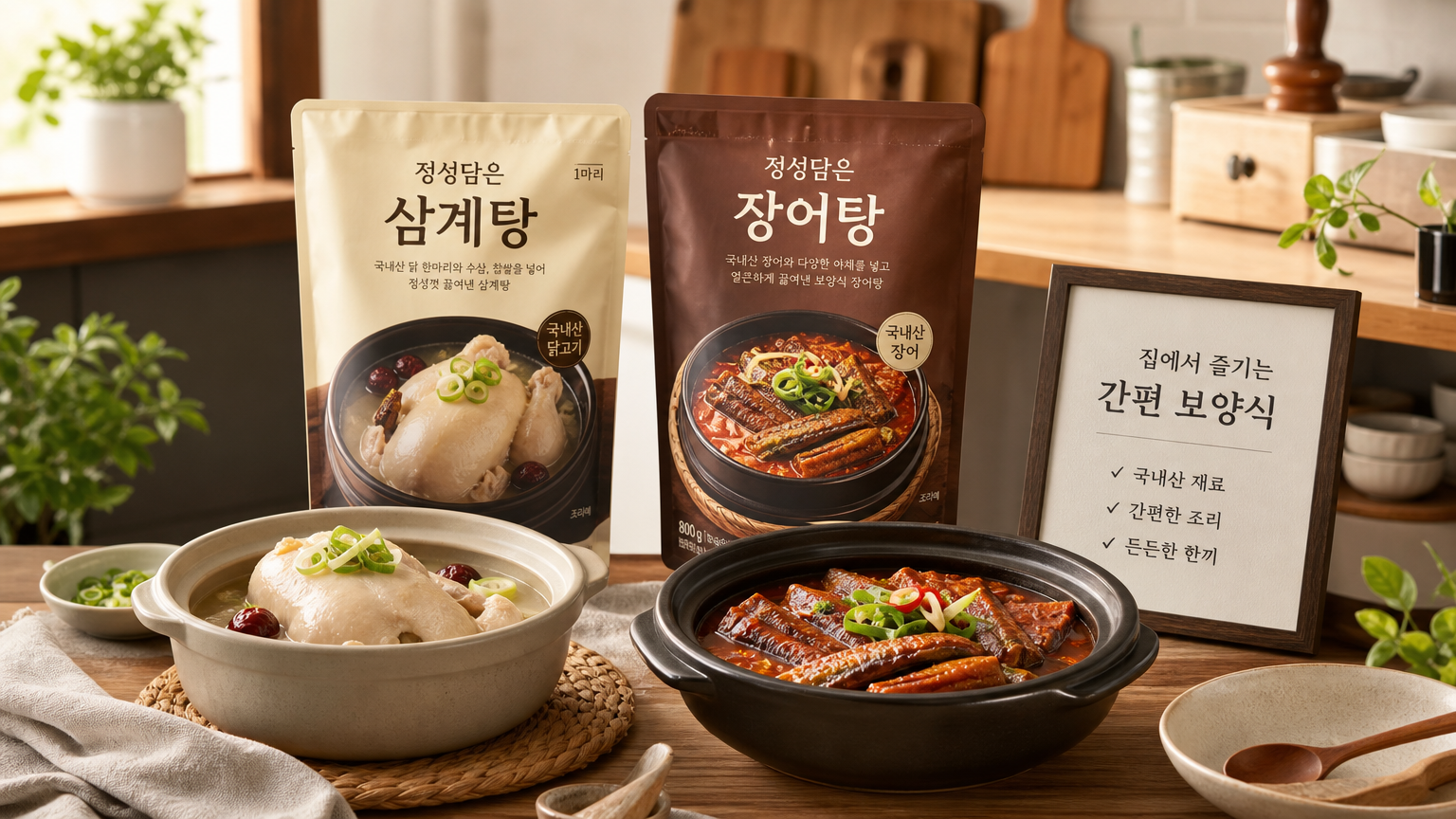 한국 가정 주방에 간편식을 준비한 아늑한 모습