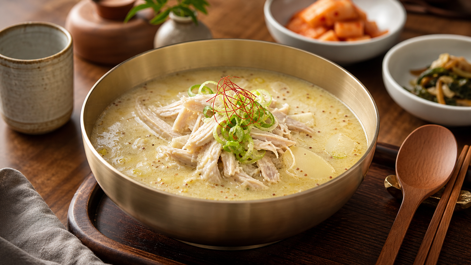 현대적인 한국 식당에서 차게 먹는 초계탕이 놓인 모습