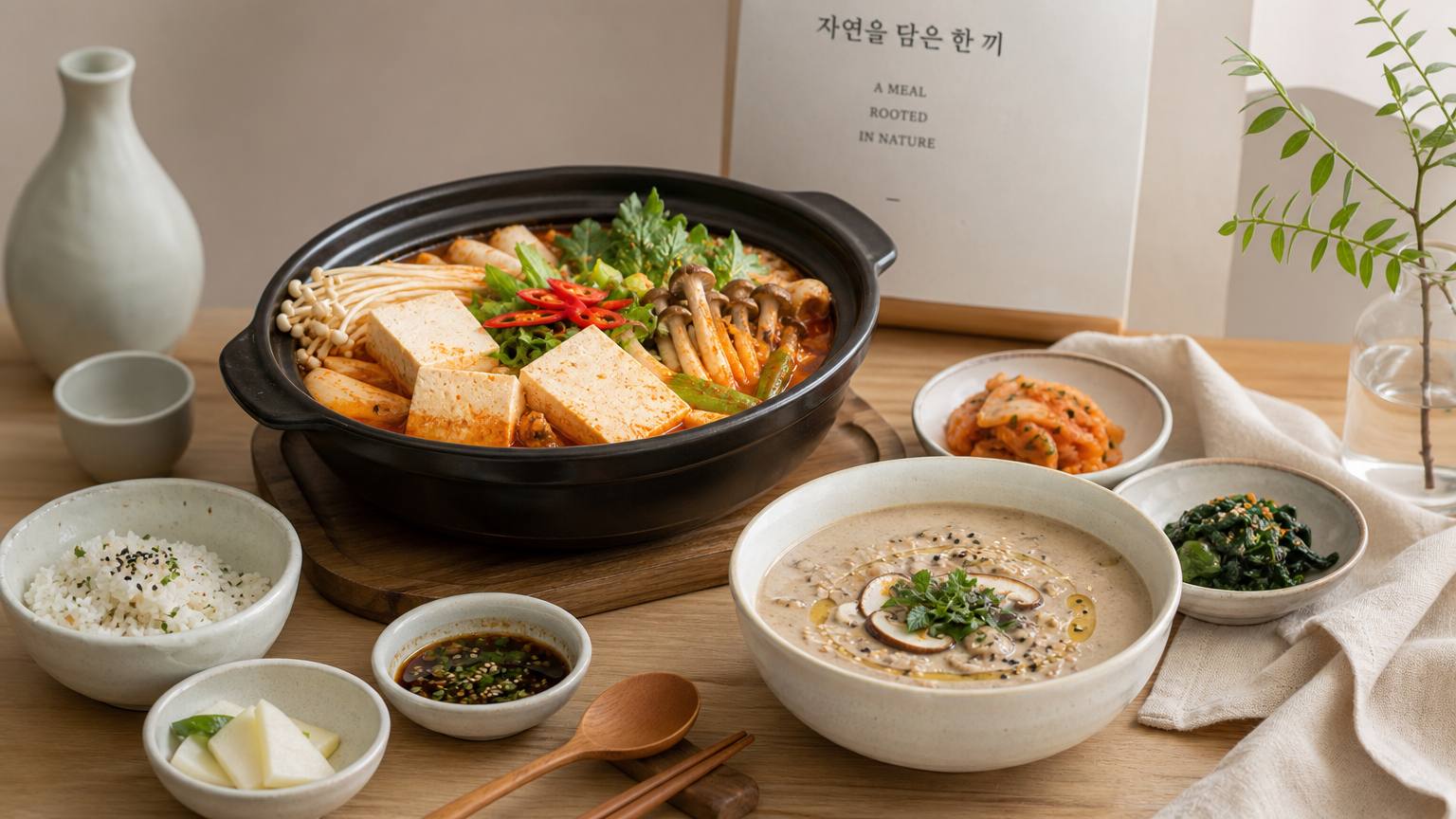 미니멀한 한국 식당에서 비건 음식들이 준비된 모습