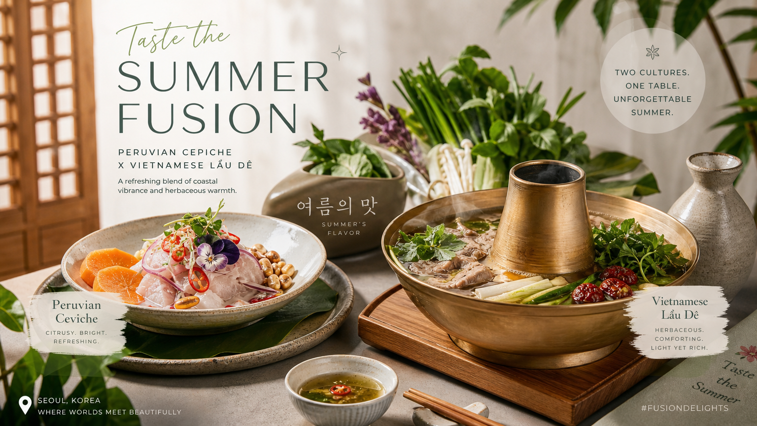 세련된 한국 분위기 속에 국제적 퓨전 요리가 제공된 모습