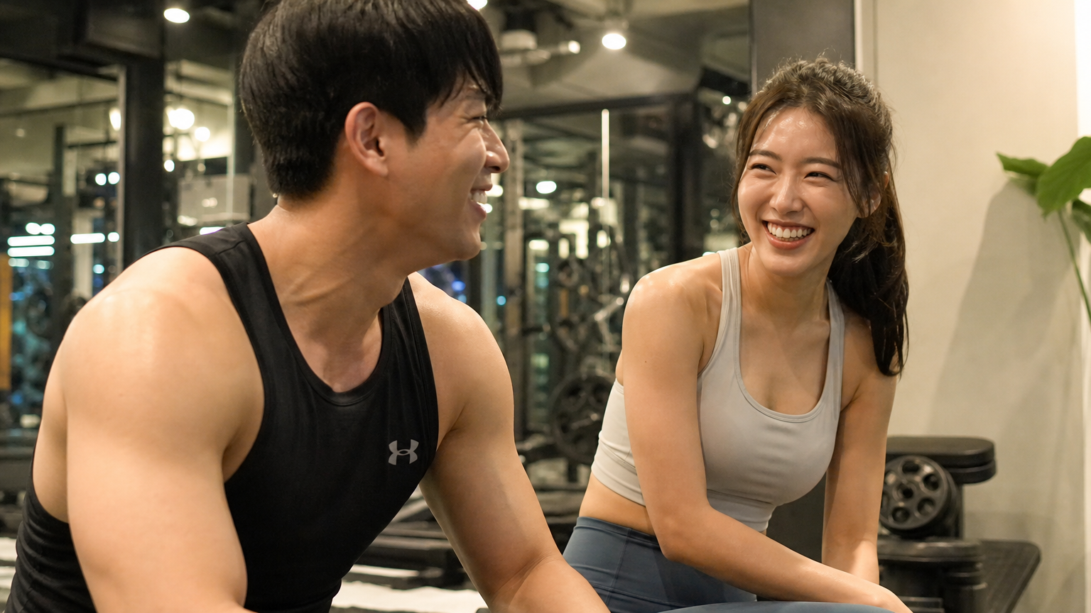 체육관에서 함께 운동하며 웃음을 나누는 커플
