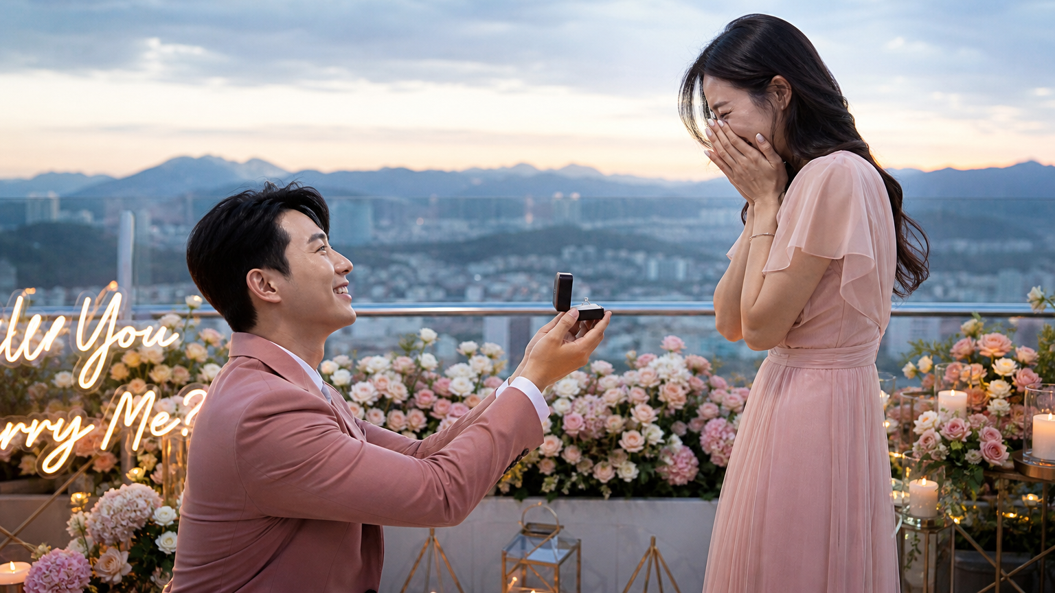 핑크색 정장을 입고 반지를 건네며 프러포즈하는 감동적인 순간