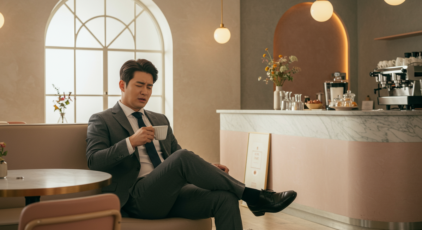 카페에서 다리를 꼬고 앉아 있는 멋진 사람