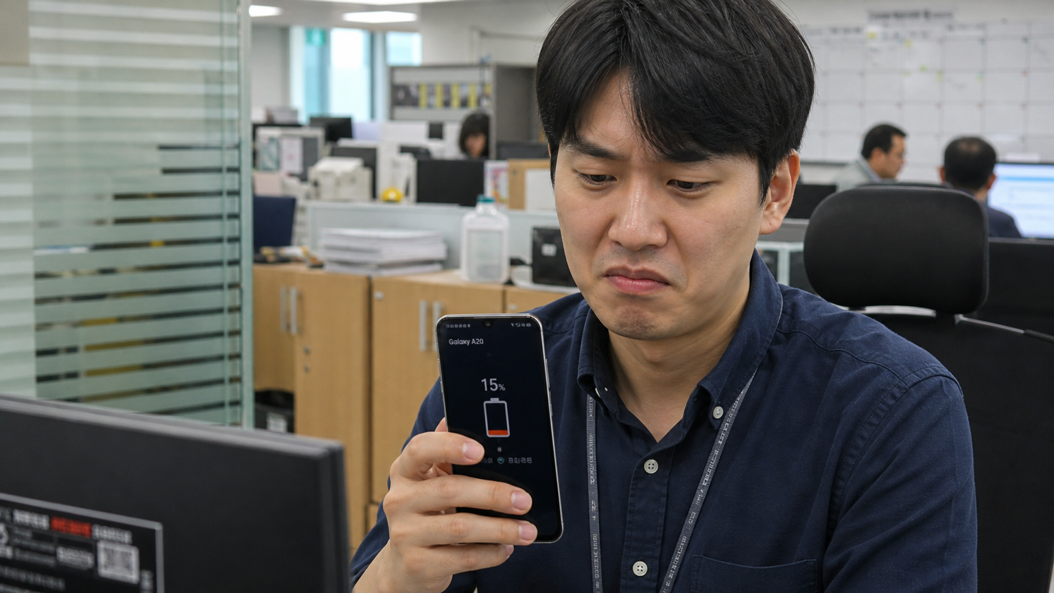 한국 사무실에서 갤럭시 A20의 배터리를 확인하며 아쉬운 표정을 짓는 직장인