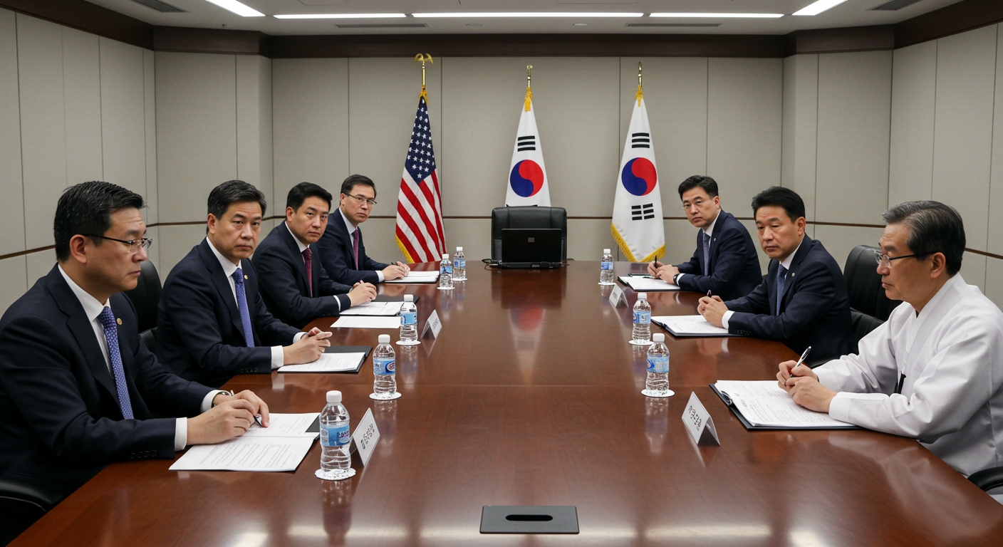 미국과 한국 외교관들이 현대적인 회의실에서 심각한 표정으로 문서와 노트북을 앞에 두고 협상하는 모습