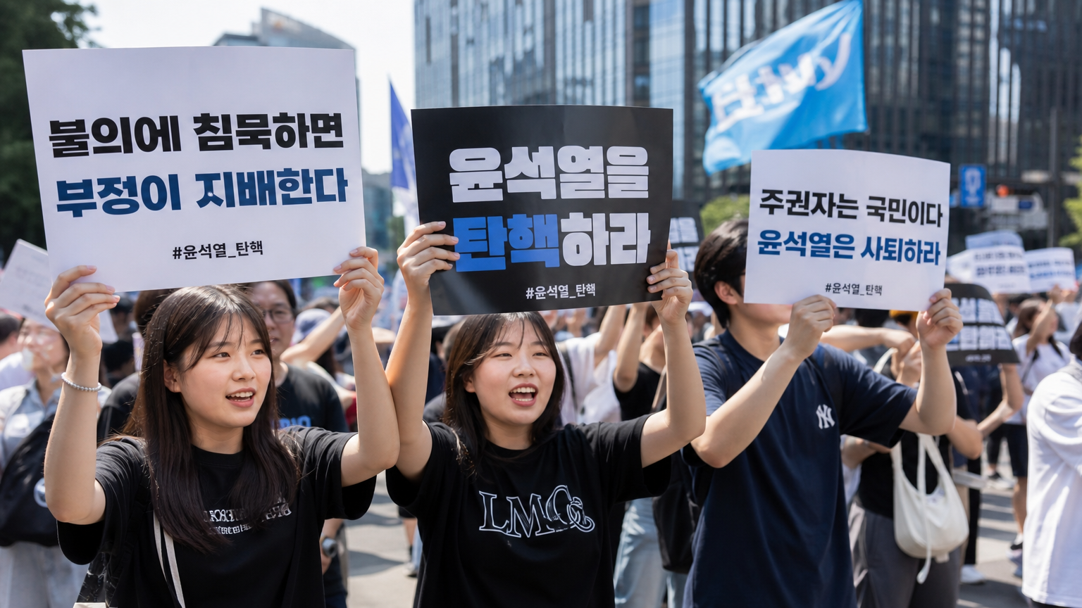 정치 집회에 적극적으로 참여하는 젊은 한국인들