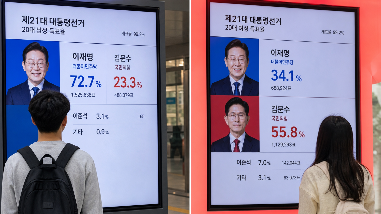 남녀의 정치적 차이를 보여주는 디지털 화면 앞의 젊은 한국인들