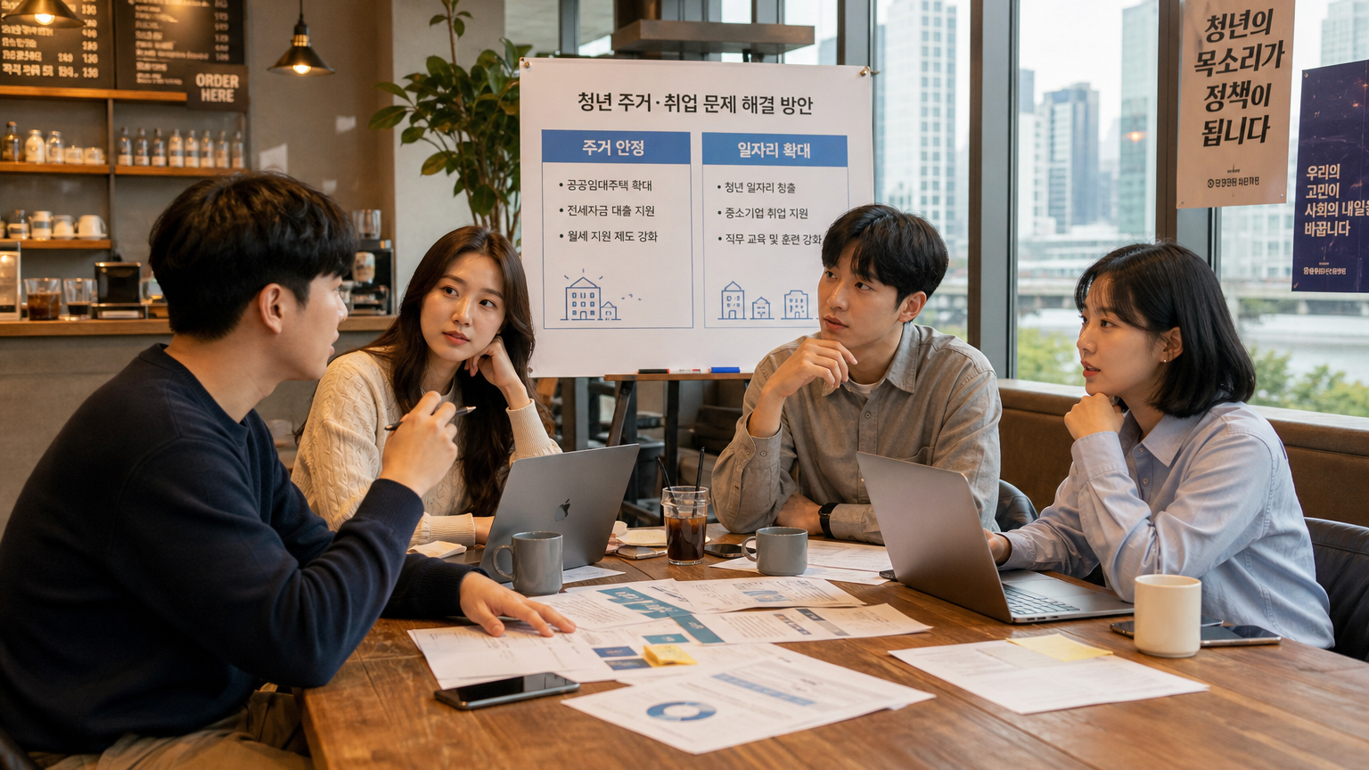 취업과 주택 문제를 토론하는 젊은 세대의 모습