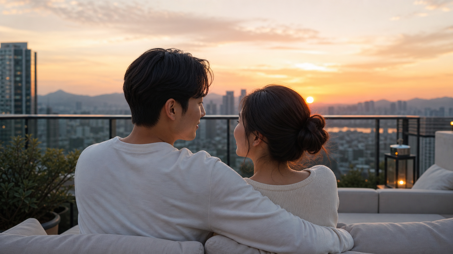 도심 전망 테라스에서 함께 있는 한국 커플