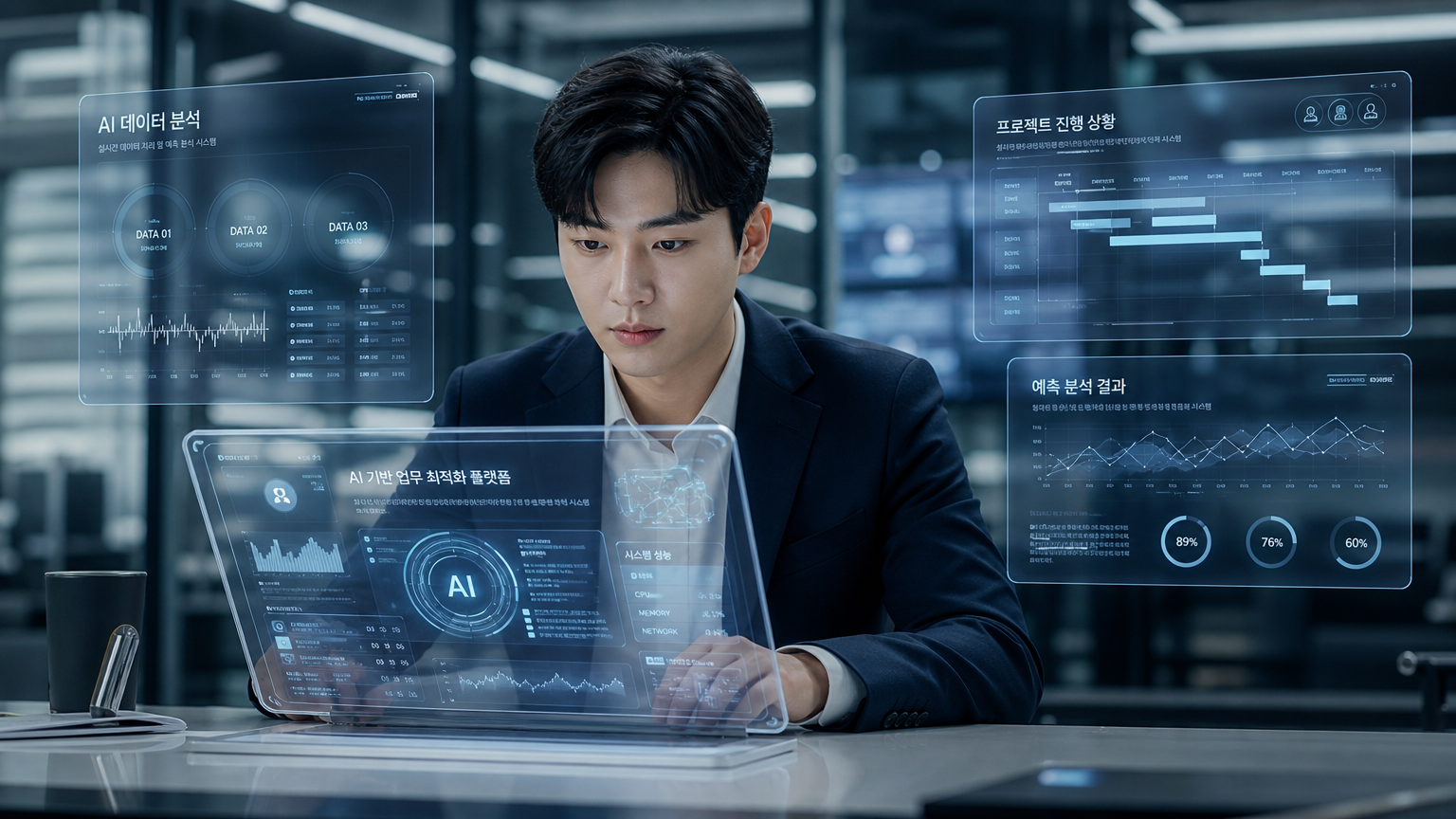 현대적인 사무실에서 AI 기술을 활용하는 직장인의 모습