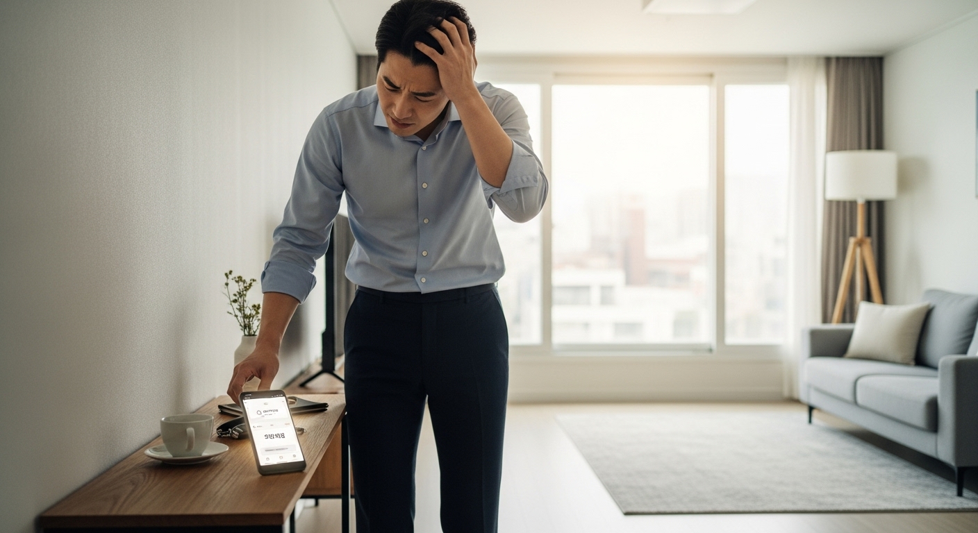 현대 아파트에서 차 열쇠를 찾는 직장인의 모습