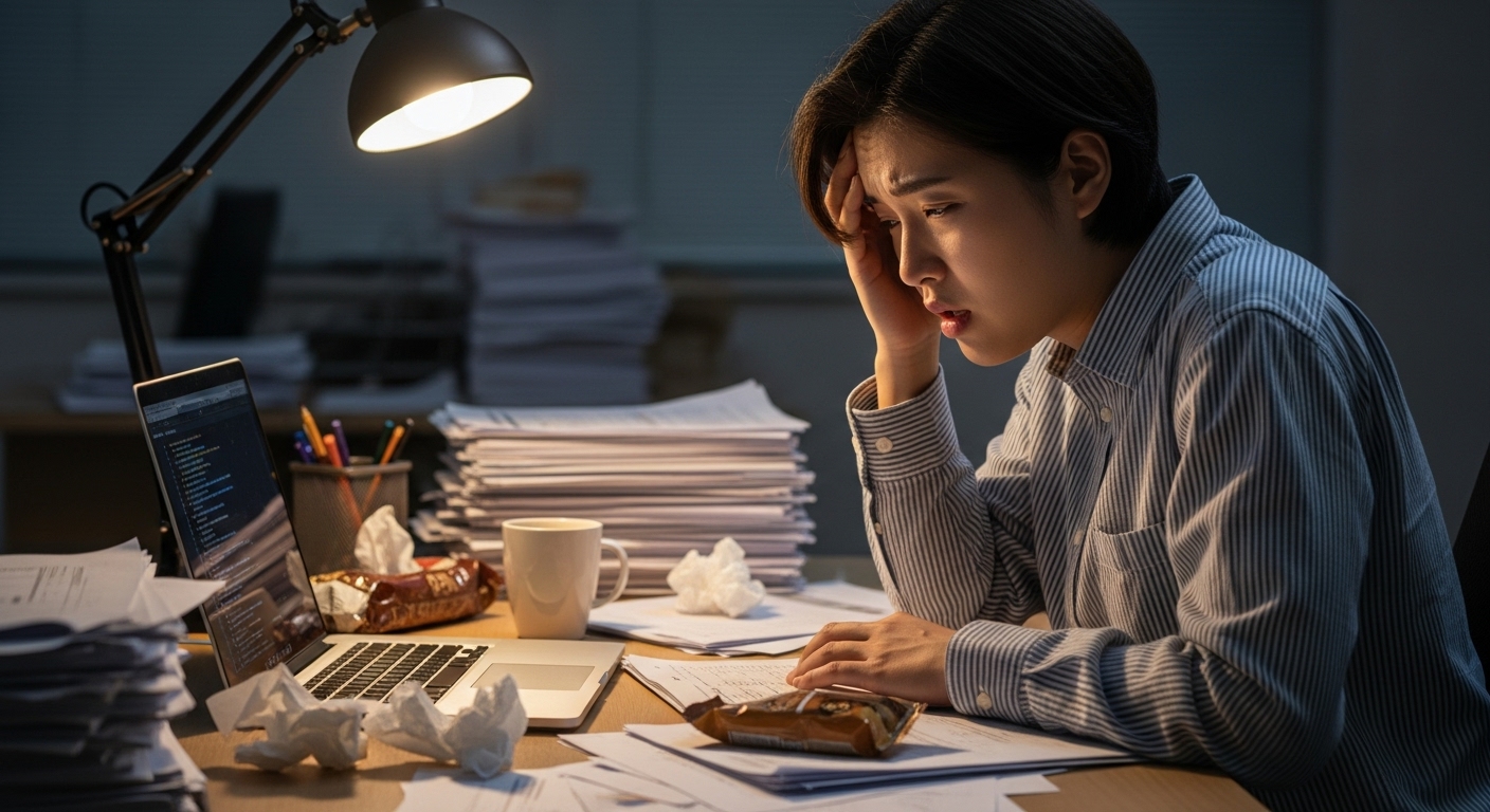 어두운 조명 아래 피로해 보이는 젊은 전문가의 책상 위 모습