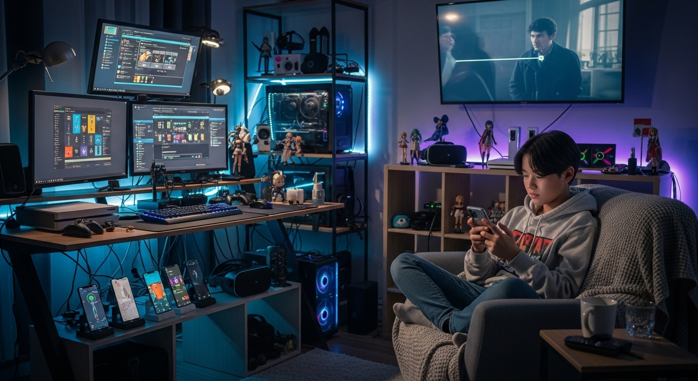 스마트폰과 디지털 기기에 둘러싸인 청소년의 모습