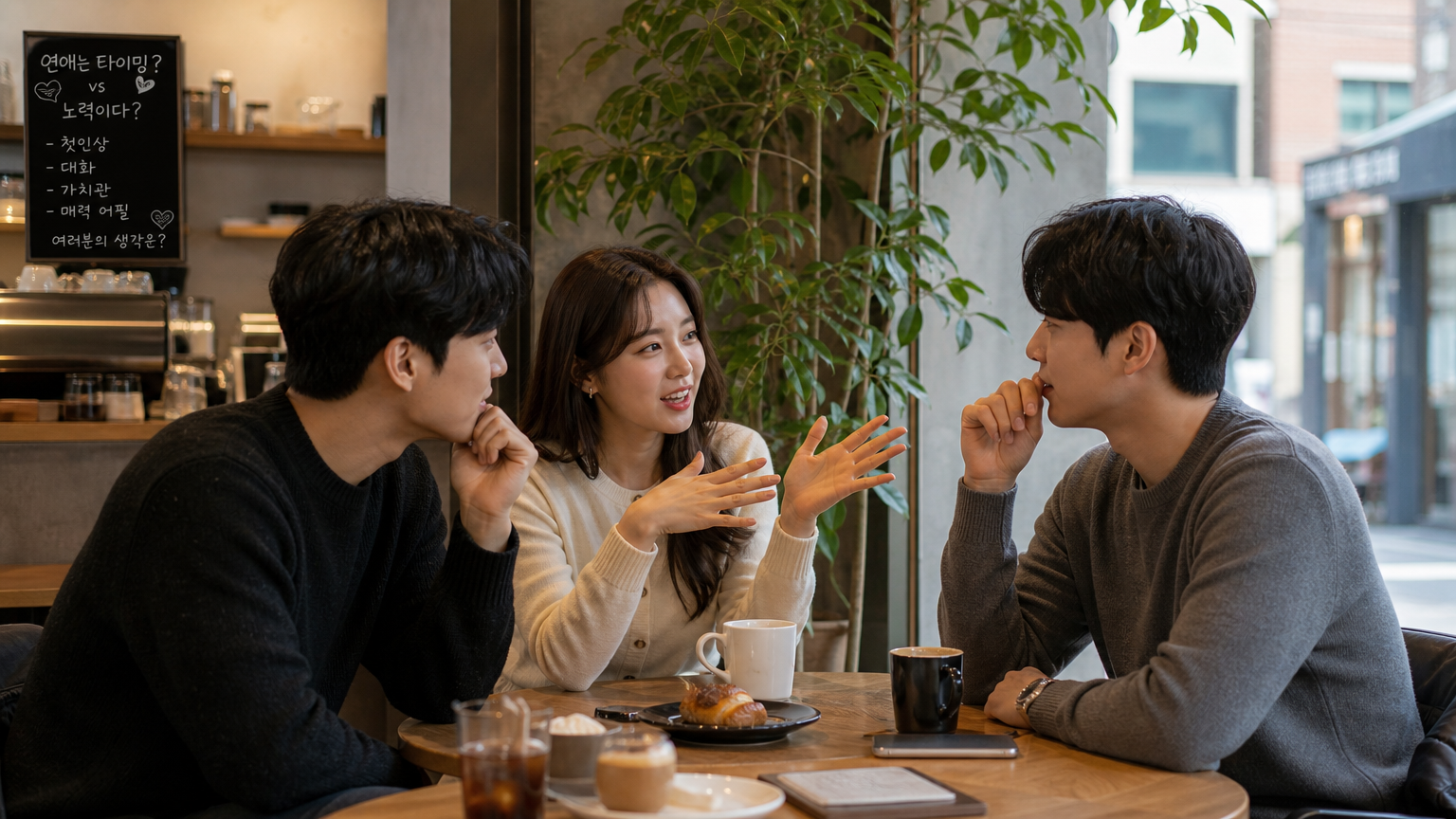 현대 한국인들이 커피숍에서 연애 전략에 대해 대화하는 모습