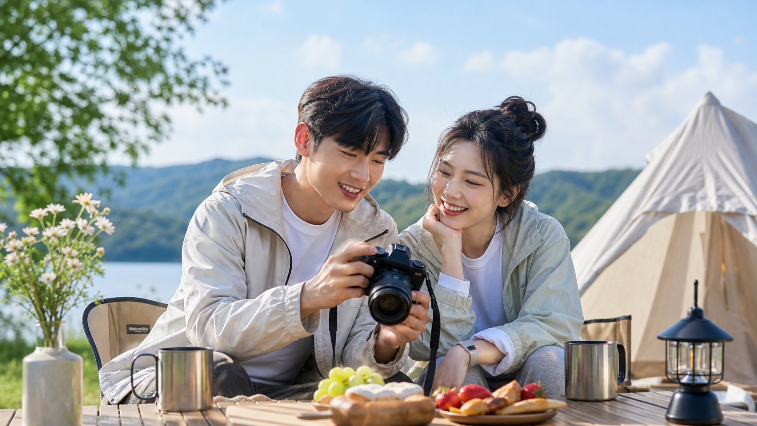 야외에서 서로의 관심사를 공유하는 한국 커플