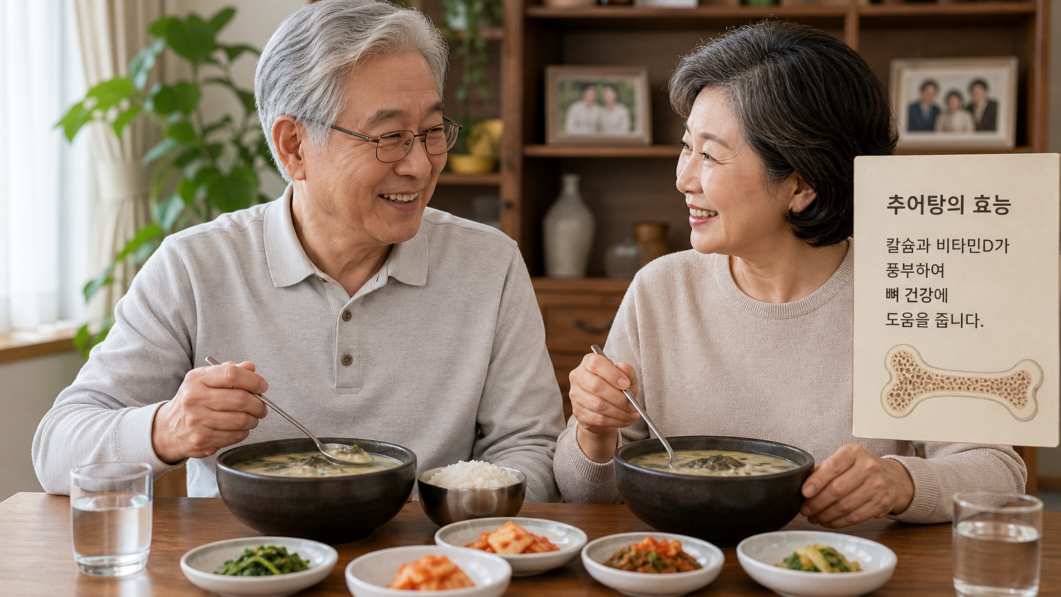 집에서 추어탕을 먹으며 웃고 있는 노부부의 모습