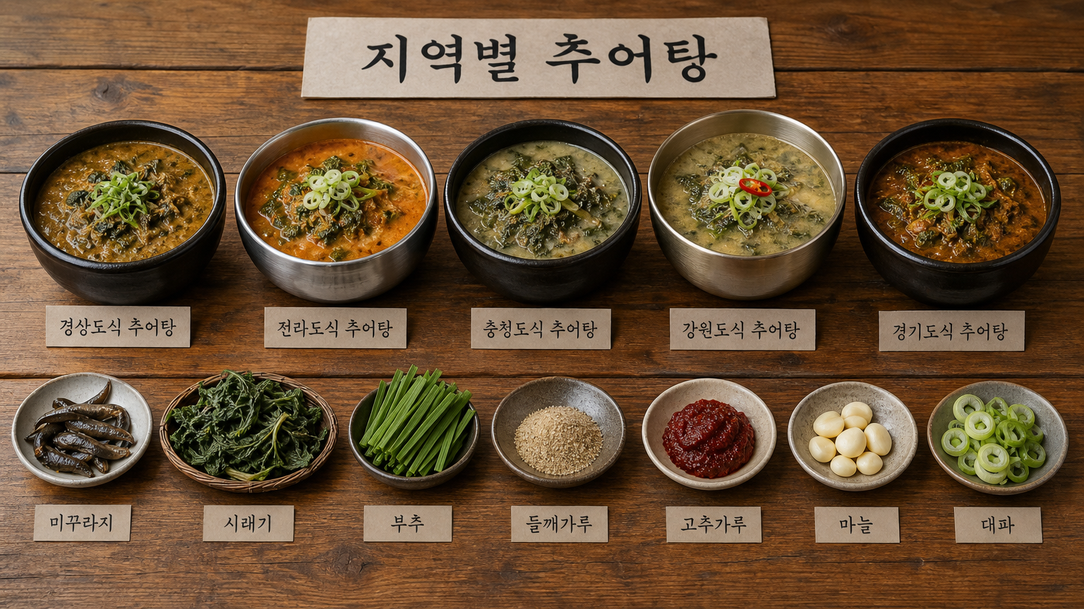 각기 다른 한국 지역의 다양한 스타일의 추어탕이 나무 테이블 위에 놓인 모습
