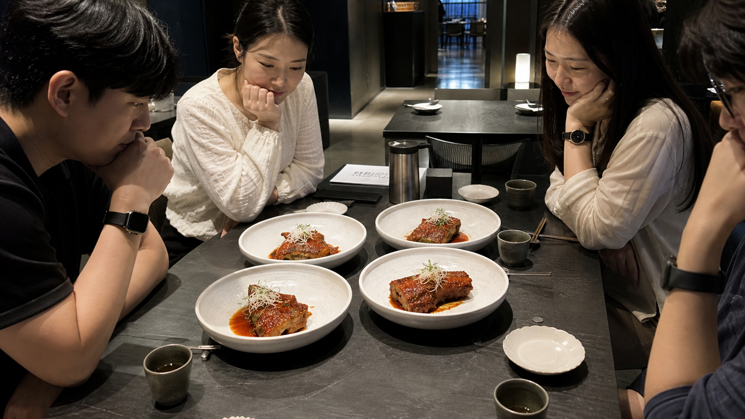 현대적인 한국 식당에서 제주 갈치조림 4인분이 놓여진 테이블과 이를 지켜보는 손님들