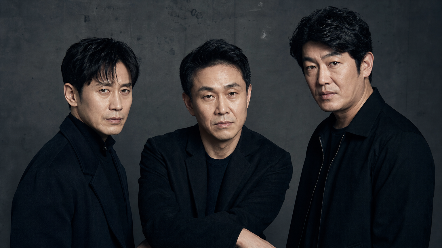 신하균, 오정세, 허성태 배우들이 스튜디오에서 포즈를 취하고 있는 모습