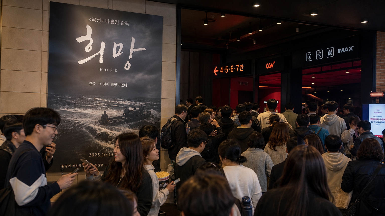 나홍진 감독의 영화 '호프' 포스터 앞에서 극장에 들어가는 관객들