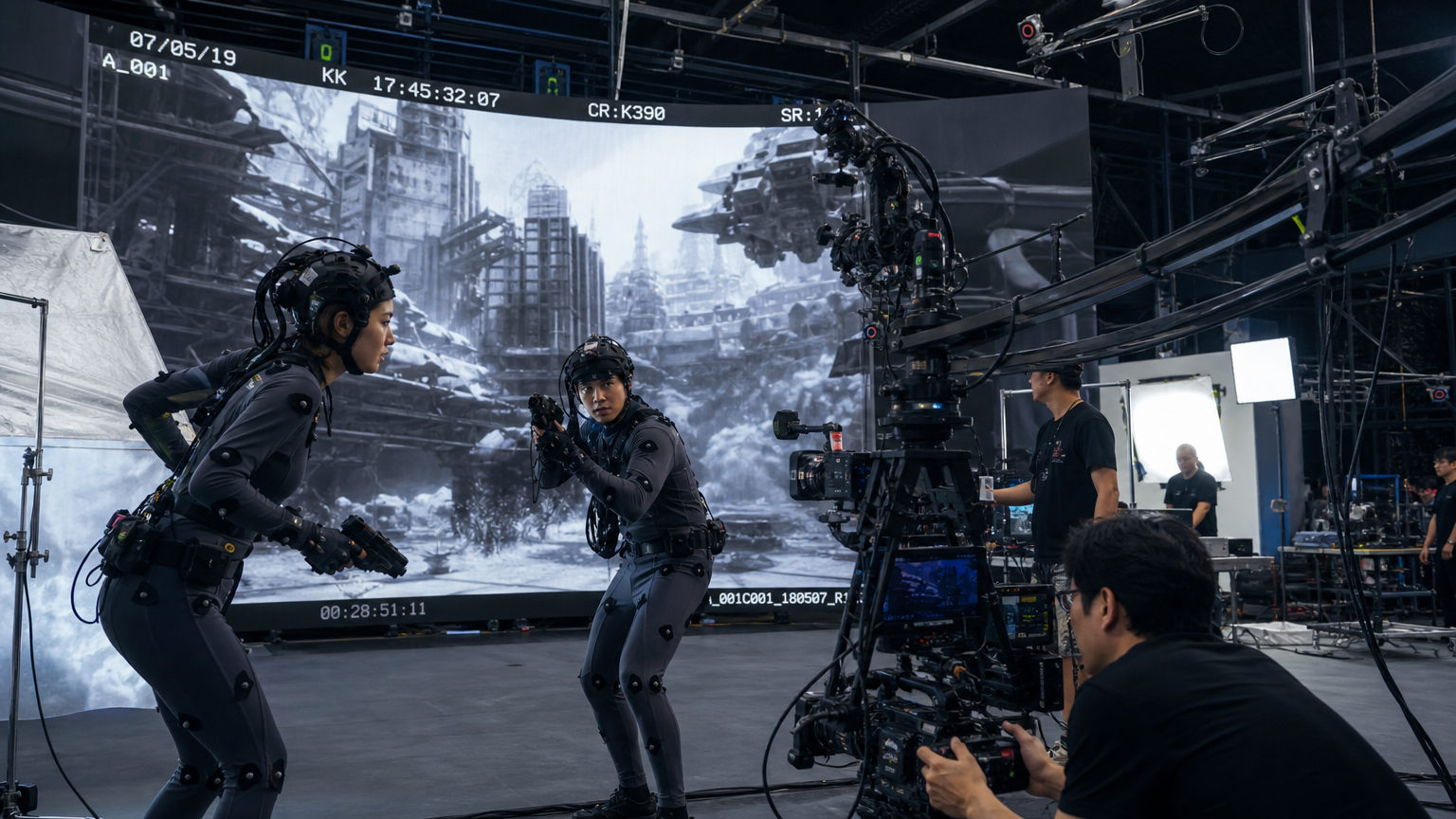 모션 캡처 슈트를 입은 배우들과 첨단 CGI 기술을 사용하는 고예산 SF 영화 촬영 현장