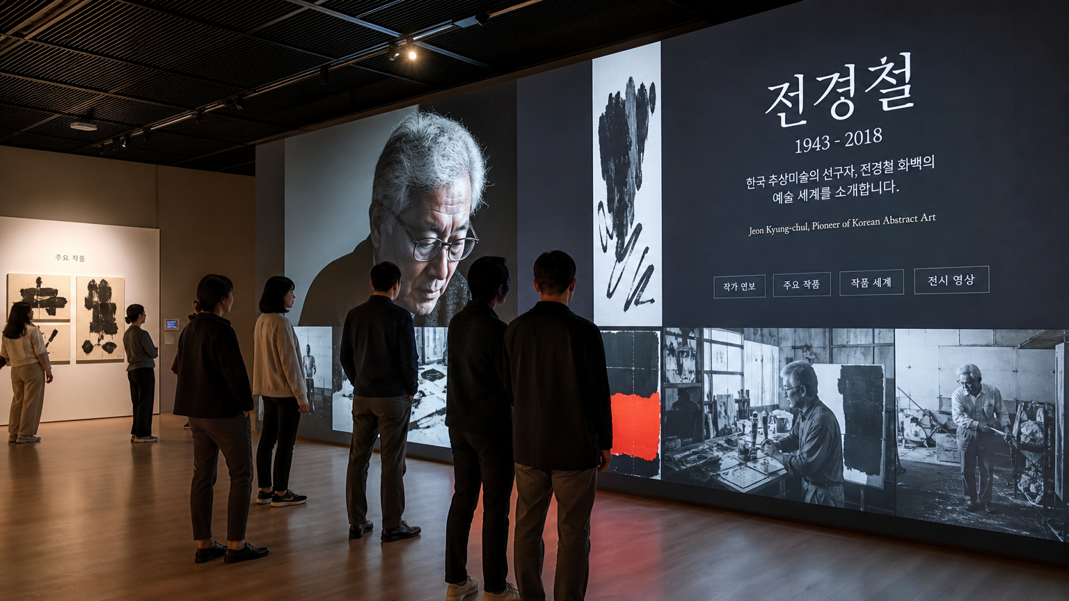 현대적인 한국 미술관에서 방문객들이 전경철 작가의 삶과 작품을 디지털 화면으로 감상하는 모습