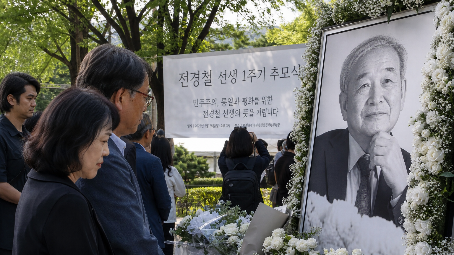 도시 공원에서 열린 전경철 작가님의 공공 추모 행사에 참여하여 그의 유산을 돌아보는 시민들의 모습