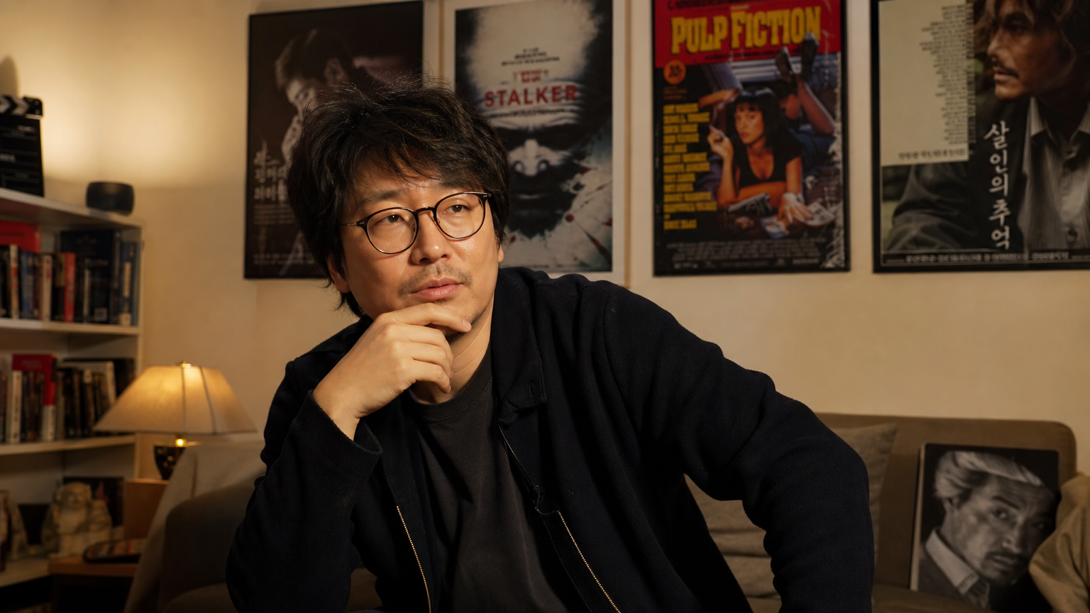 한국의 영화 감독이 포스터로 장식된 거실에서 사색하는 모습