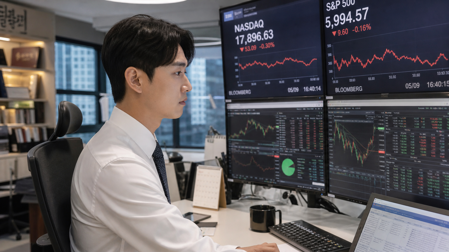 현대적인 사무실에서 여러 대의 모니터로 미국 주식 시장 데이터를 관찰하는 직장인의 모습