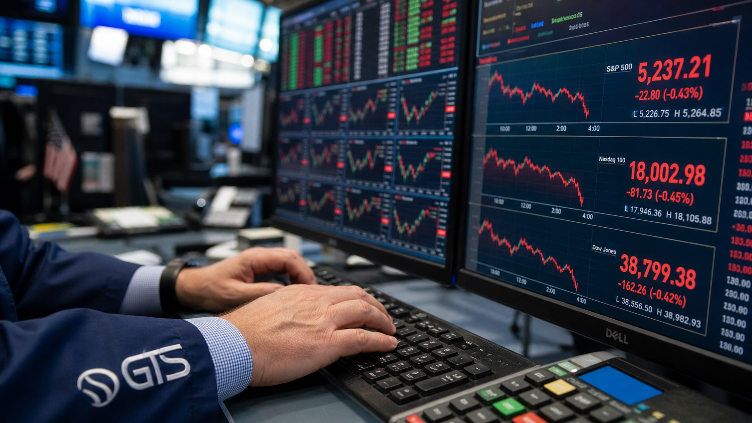 거래실에서 S&P 500, 나스닥 100, 다우존스 지수를 보여주는 디지털 화면을 배경으로 키보드를 치는 트레이더의 손
