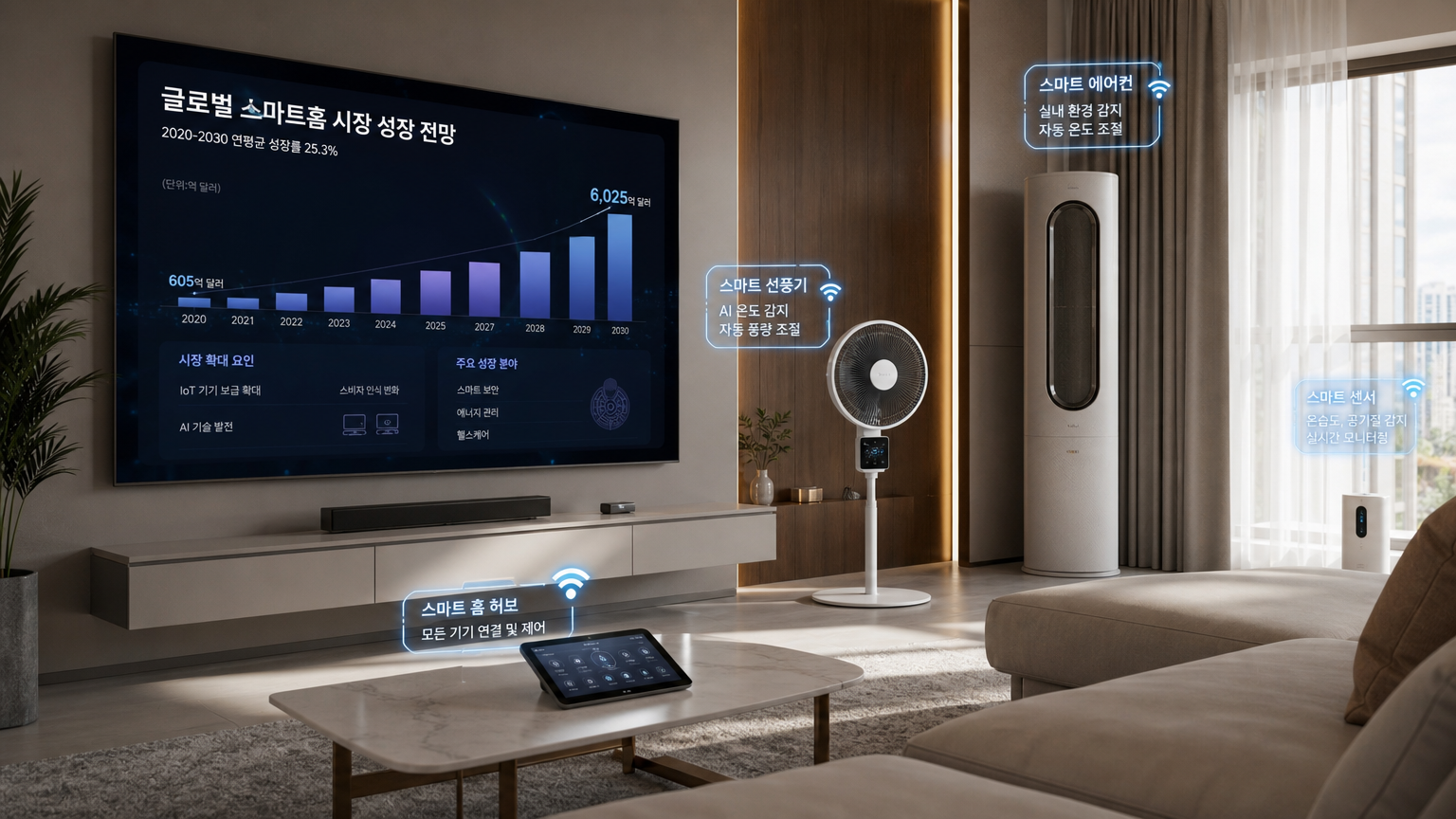 미래지향적인 거실에서 다양한 스마트 기기가 연결된 모습