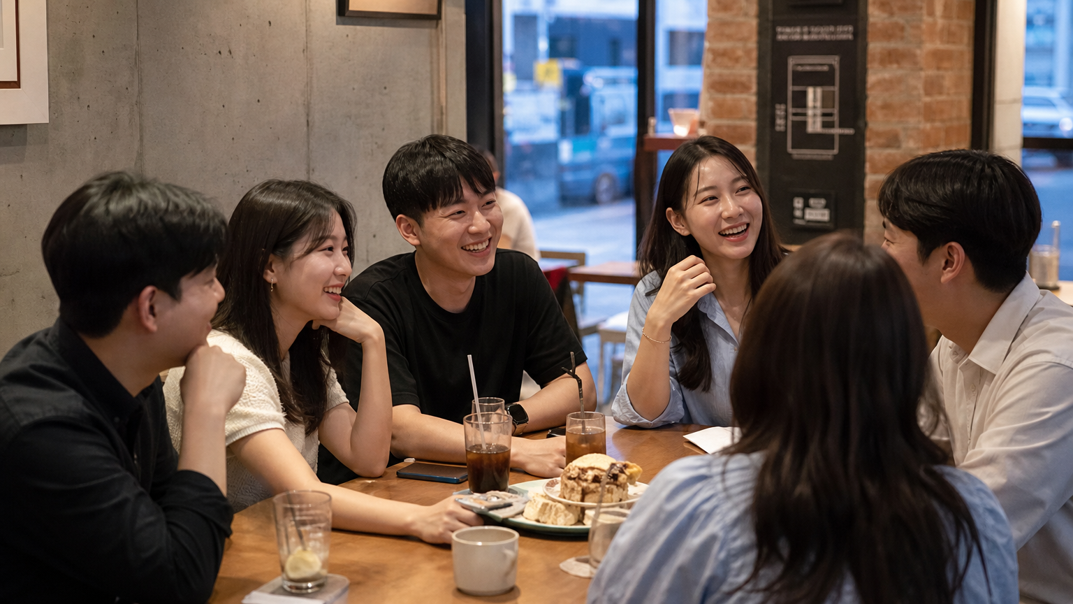 카페에서 편안한 모임을 가진 한국인 친구들이 함께 웃고 이야기를 나누는 모습