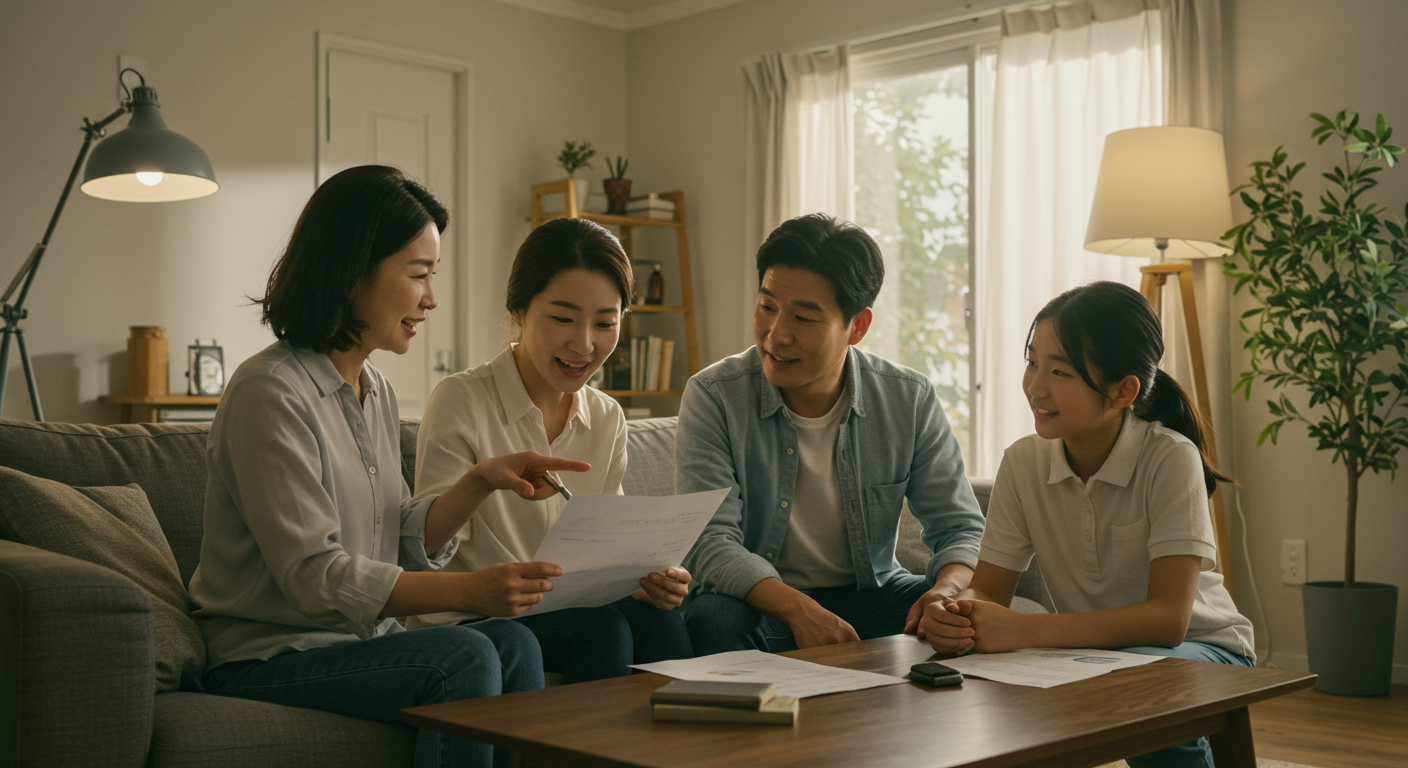 현대적인 거실에서 가족이 모여 재정 계획을 논의하는 모습