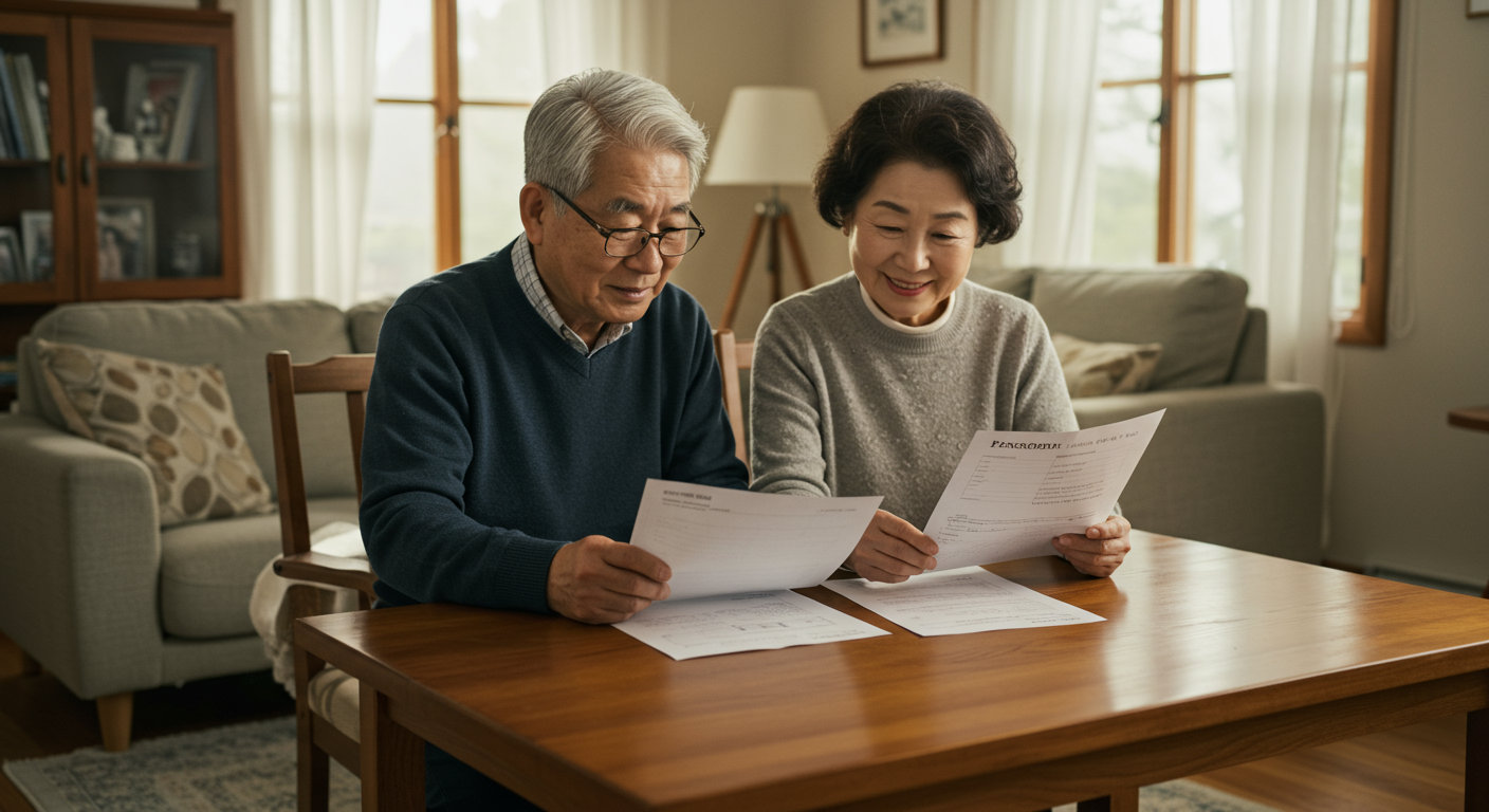 아늑한 거실에서 연금 서류를 검토하는 노부부의 모습
