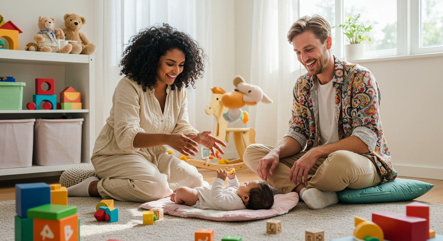 장난감과 책으로 가득한 밝은 유아방에서 아이와 놀고 있는 부모