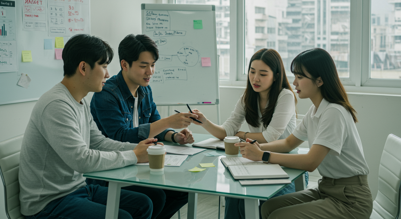 현대적인 사무실에서 저축 계획을 논의하며 커피를 마시는 젊은 직장인들