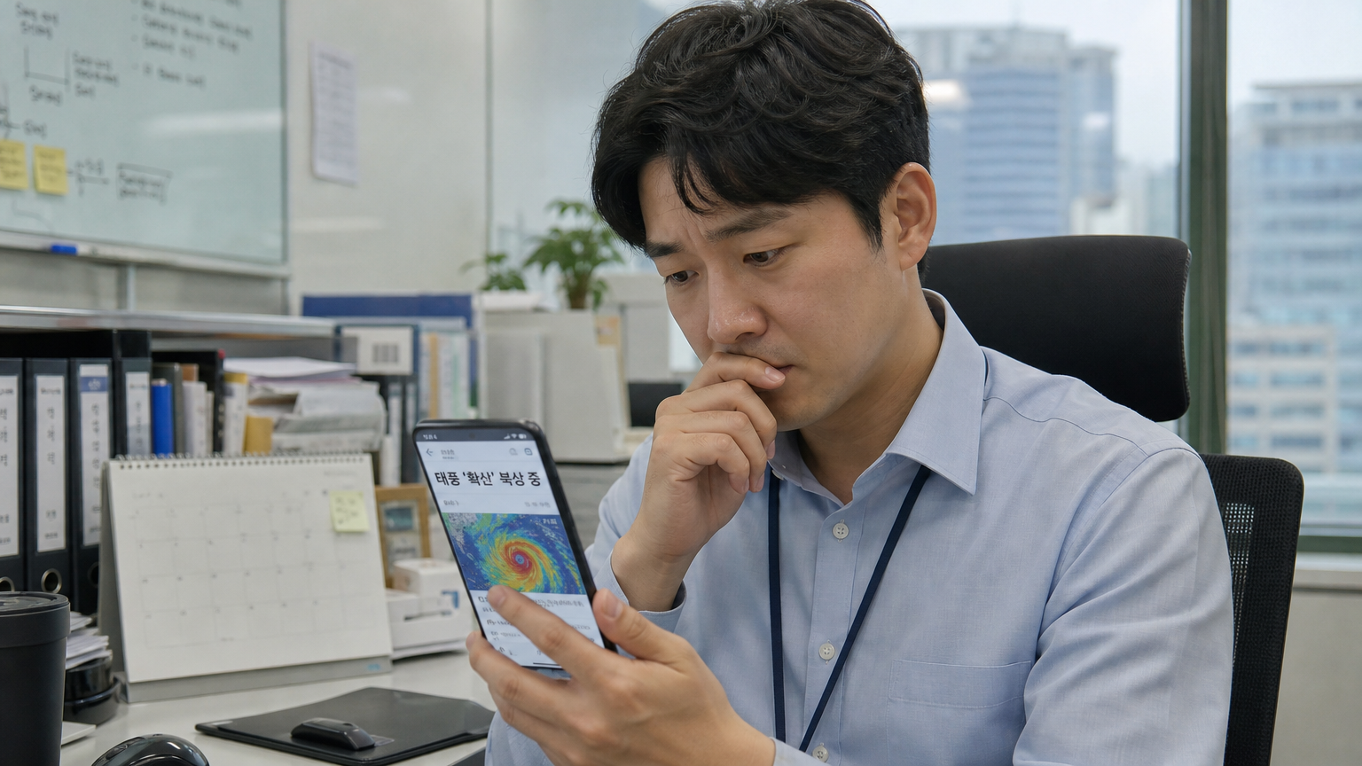 사무실에서 스마트폰으로 태풍 소식을 확인하는 직장인