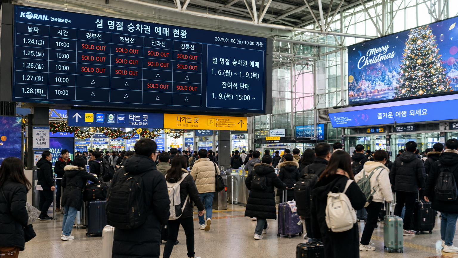 서울역에서 고속철도를 타려는 사람들로 붐비고 있는 명절 풍경