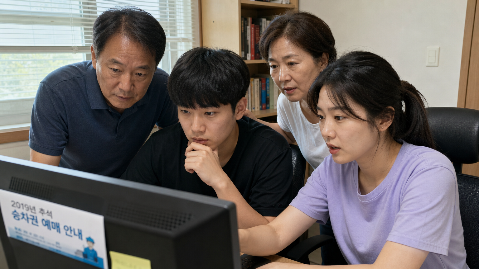 추석 명절에 맞춰 컴퓨터 앞에서 특별한 예약 전략을 세우고 있는 가족 모습