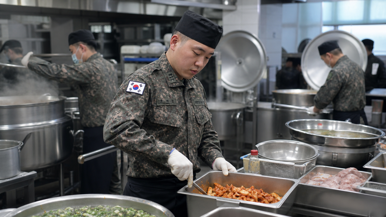 한국 군대 주방에서 식사를 준비하는 군인 모습