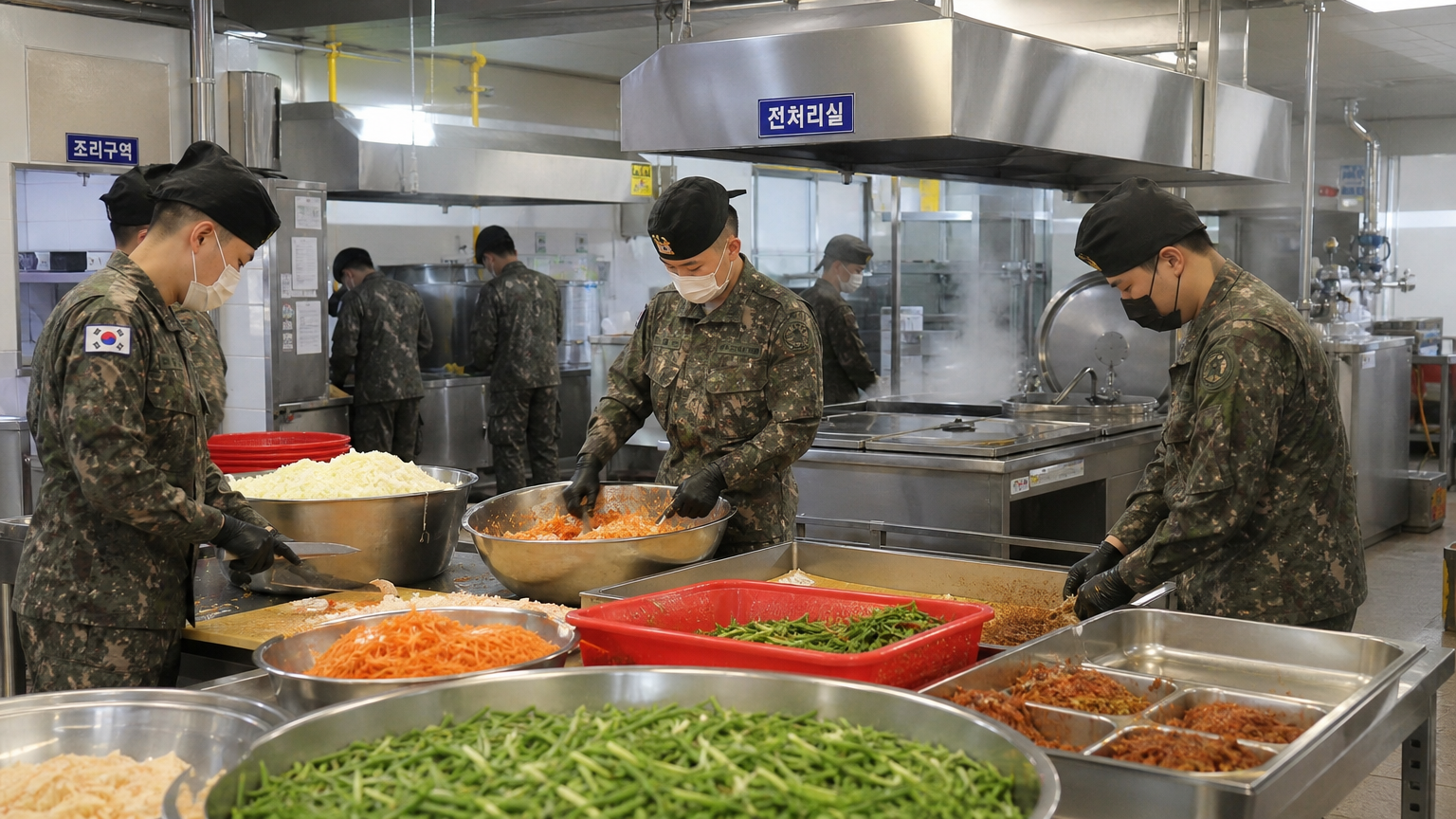 수백 인분 식사를 준비하는 조직적인 한국 군 주방