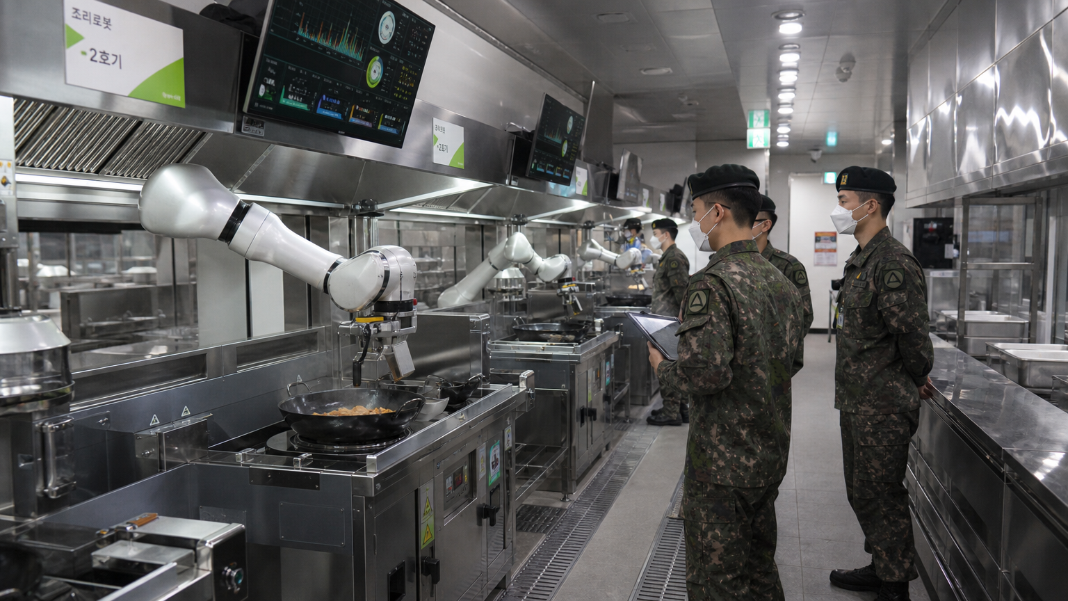 첨단 조리 로봇이 도입된 현대식 한국 군 부엌