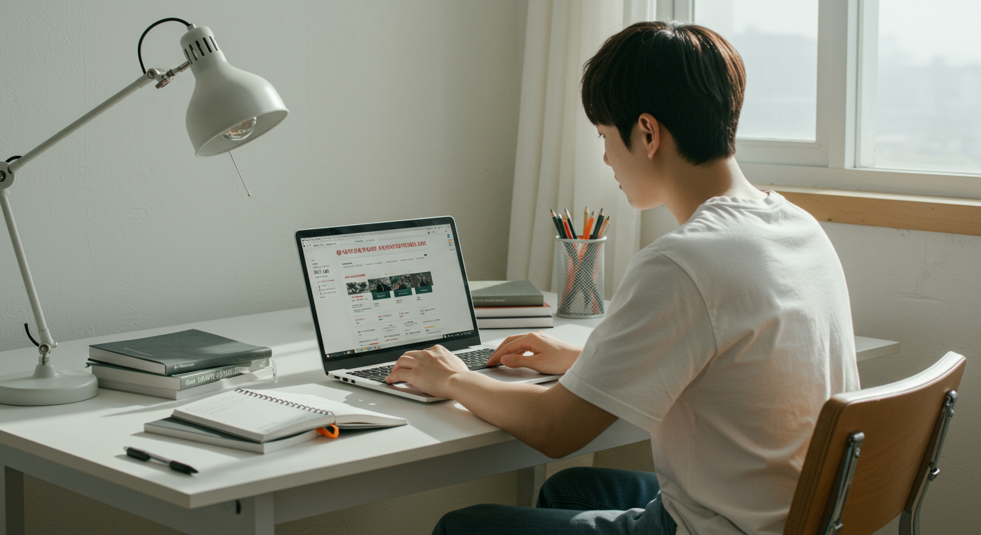 젊은 남성이 컴퓨터 책상에 앉아 병무청 웹사이트를 노트북으로 열람하는 모습, 현대적인 인테리어와 학습 자료들로 가득찬 방