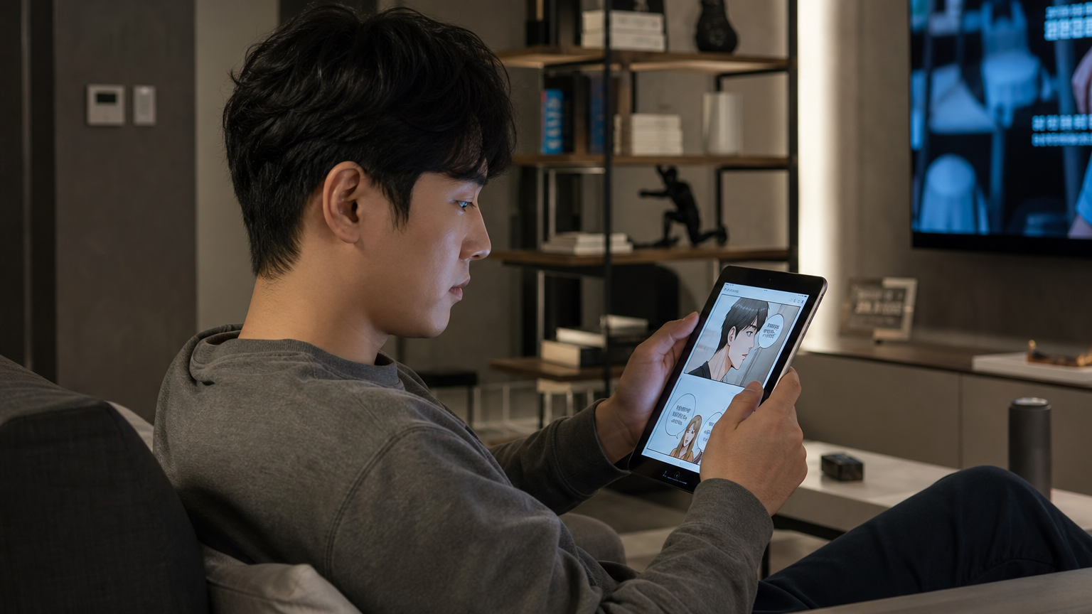 현대적인 거실에서 태블릿으로 웹툰을 읽고 있는 남성의 모습