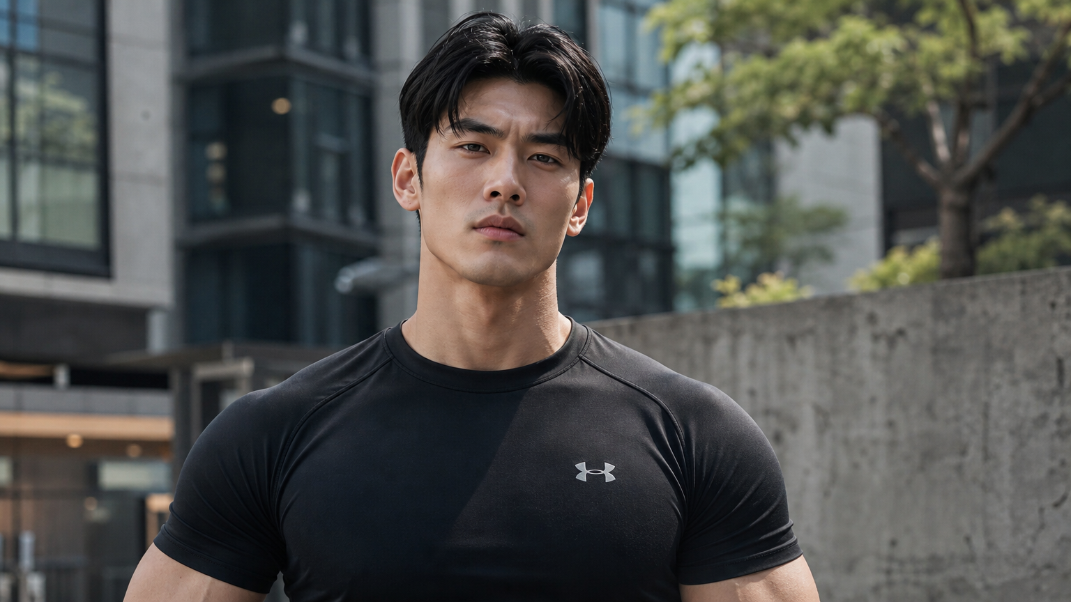 도시 배경에서 자신감 있게 서 있는 강한 체격의 남성 초상화