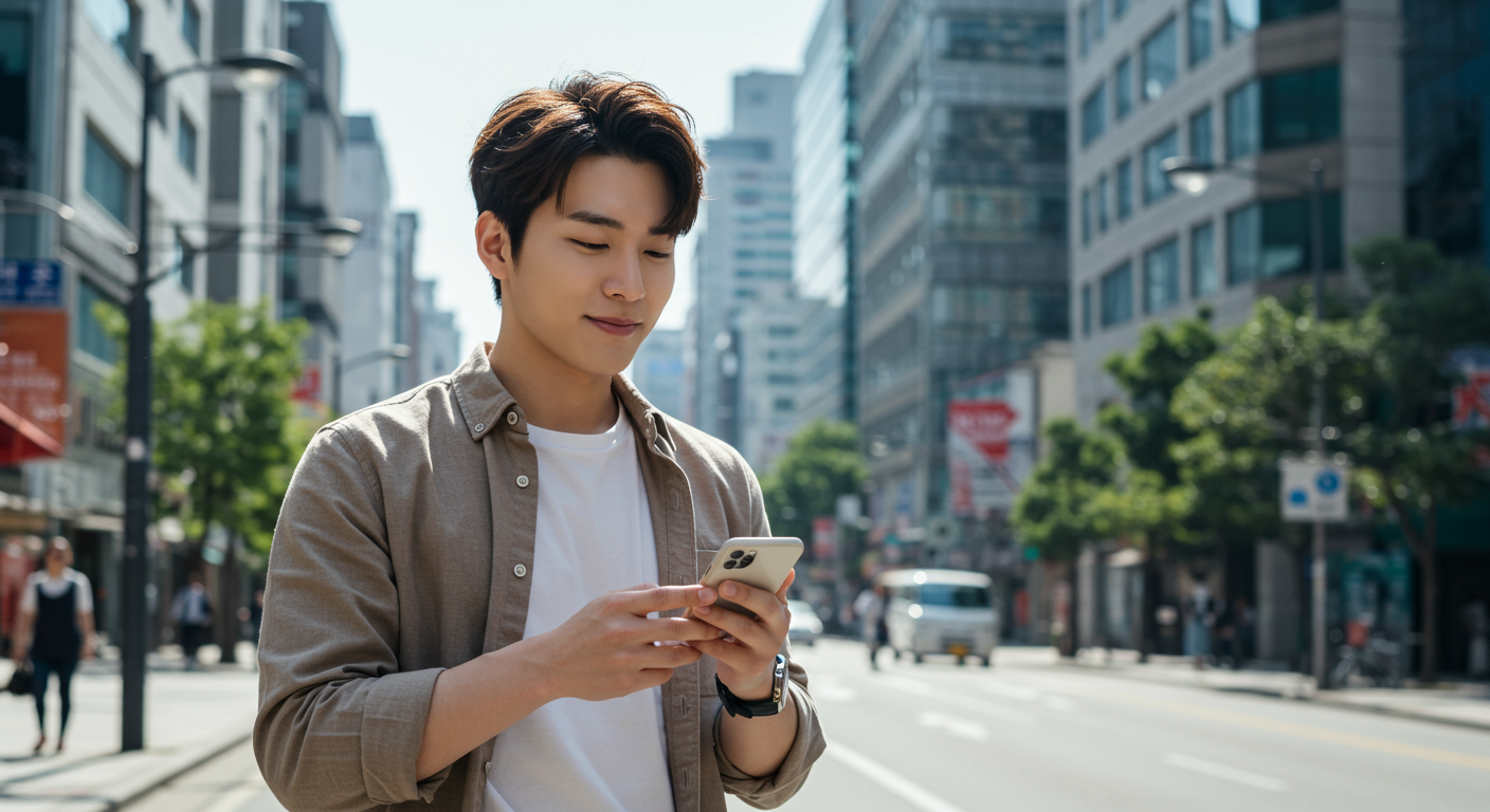 서울 도심에서 스마트폰을 안전하게 사용하는 현대 남성의 안도하는 모습