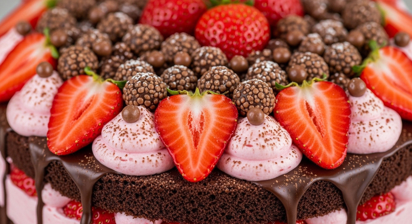 신선한 딸기와 초코볼이 올려진 스트로베리 초콜릿 크림케이크 클로즈업