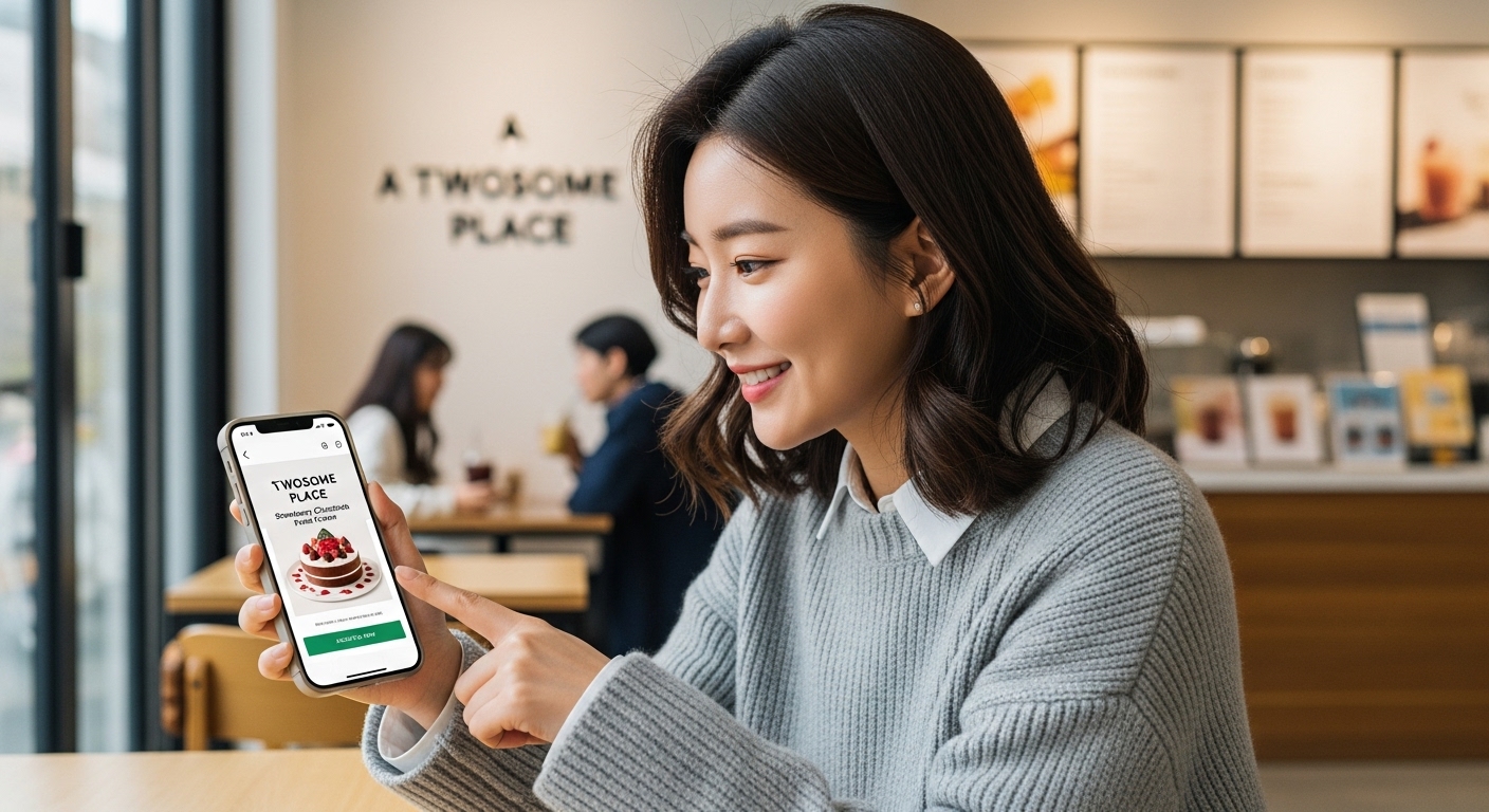 스마트폰으로 투썸플레이스 케이크를 온라인 예약하는 모습